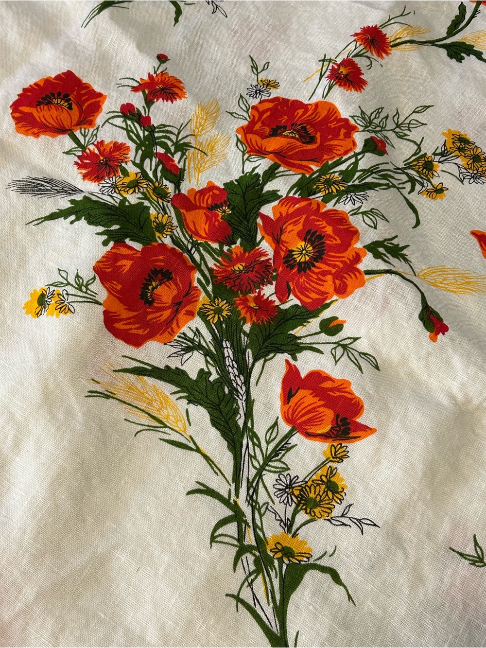 Vintage Red Poppy Floral Print Linen Tablecloth Round 68”